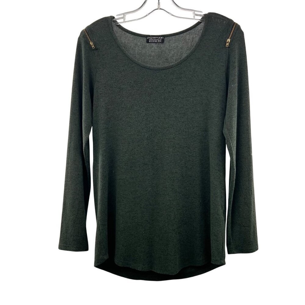 Papermoon Women's Long Sleeve Pullover Sweater Green Size Small Zip Shoulder